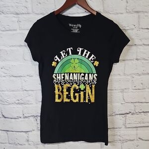 Wound Up Black Tee with Shamrock Graphic